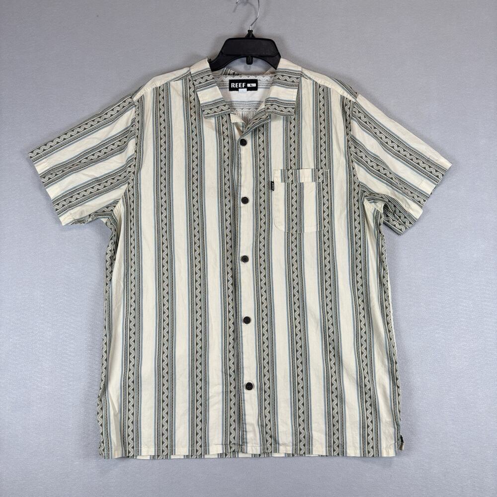 Reef Men's Large Cream Aztec Striped Button Up Short Sleeve Camp Shirt